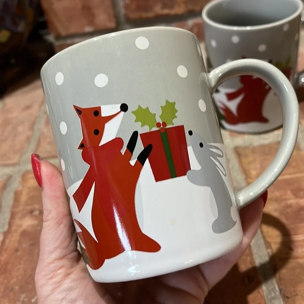 Crate&Barrel Gray Woodland Critters Fox Deer Bunny Cardinal Set of 2 Mugs